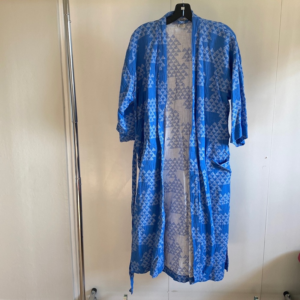 Blue and white print robe